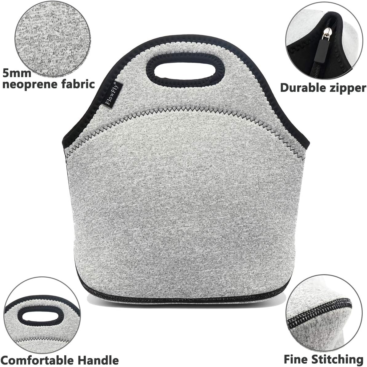 FlowFly Neoprene kids Lunch box Insulated Soft Bag Mini Cooler Thermal Meal Tote Kit for Boys, Girls,Men,Women,School,Work, Office,Black
