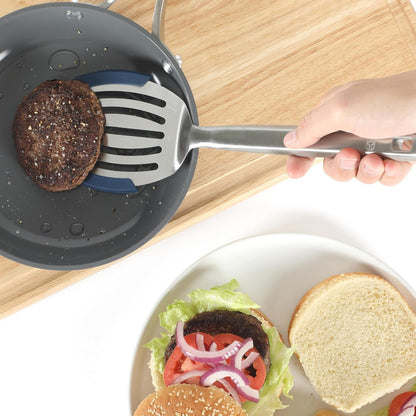 Calphalon Slotted Turner, Kitchen Flipping Spatula, Slotted Spatula, Stainless Steel Turner with Silicone Heat Resistance Handle, Nonstick-Safe Spatula for Draining and Flipping (Navy)