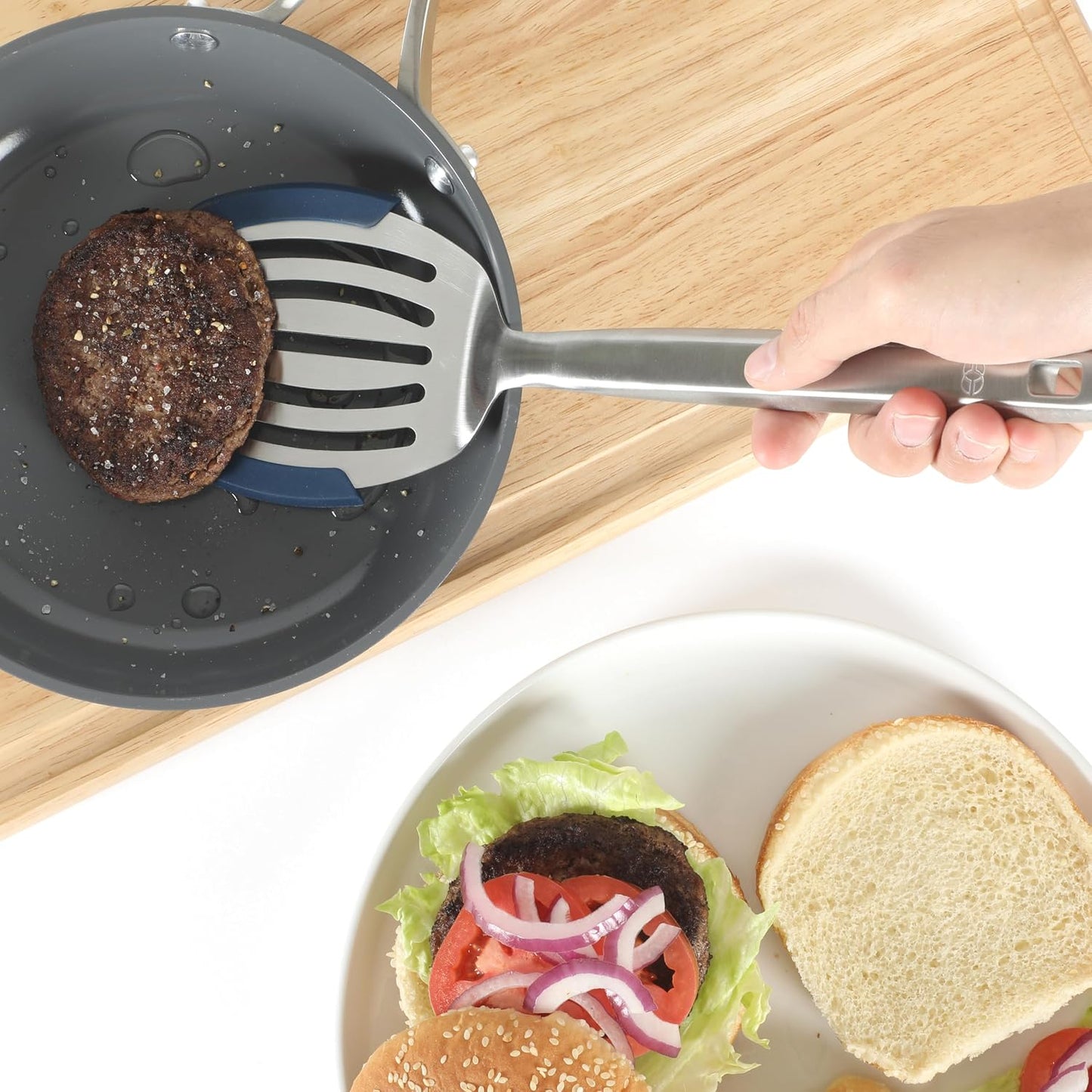 Calphalon Slotted Turner, Kitchen Flipping Spatula, Slotted Spatula, Stainless Steel Turner with Silicone Heat Resistance Handle, Nonstick-Safe Spatula for Draining and Flipping (Navy)