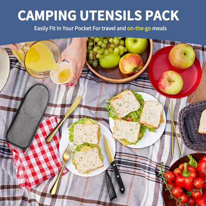 Logcow Travel Utensils Set with Case, 10-Piece Reusable Stainless Steel Camping Cutlery, Portable Fork Spoon Knife Chopsticks & Straw for Work, Lunch, Picnic (Rainbow)