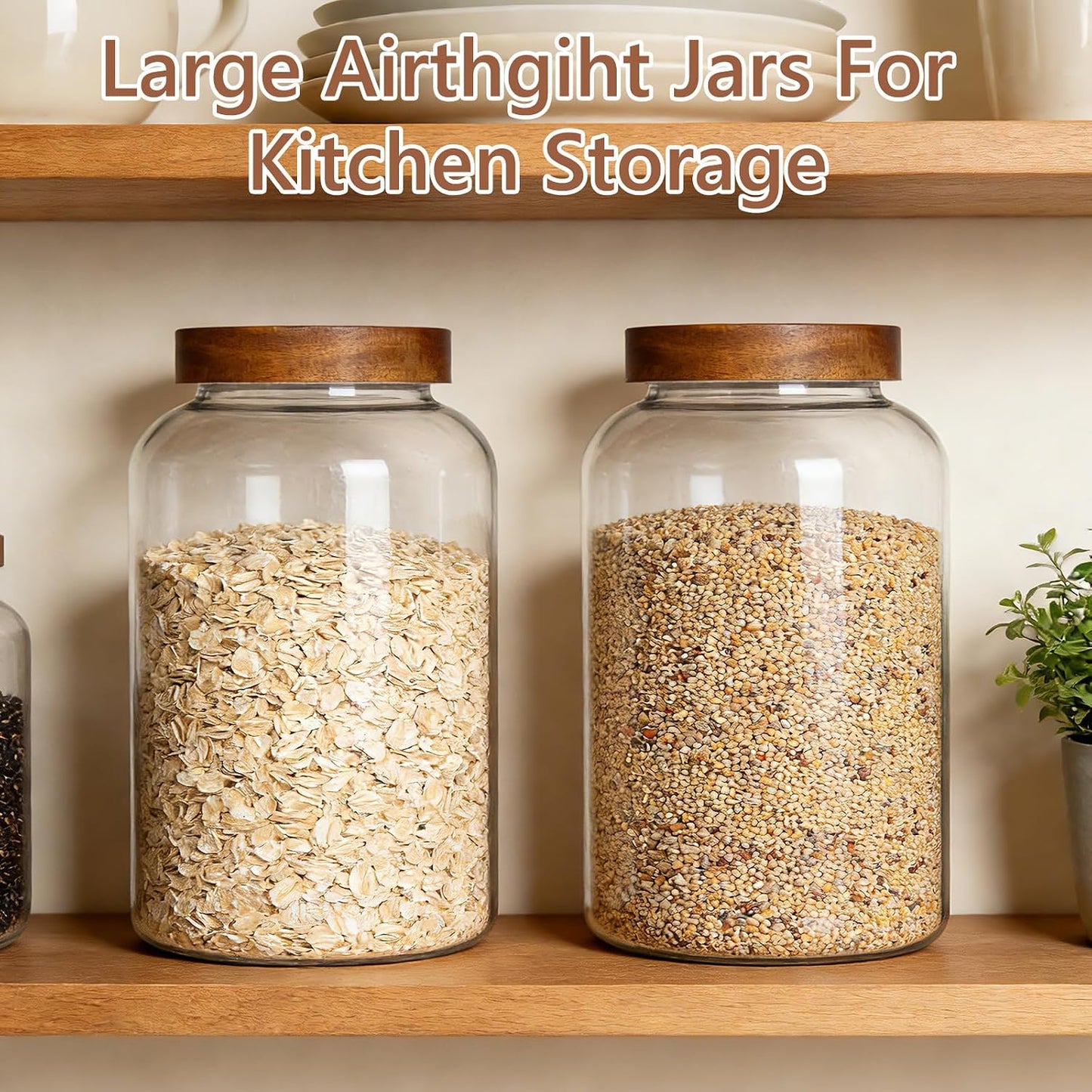 KEYWING 88oz Large Glass Jars with Airtight Acacia Wood Lids, Set of 3 Food Storage Containers for Flour, Sugar, Rice, Pasta, Cereal, Cookies – Includes 126 Labels
