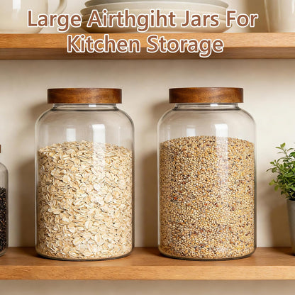 KEYWING 88oz Large Glass Jars with Airtight Acacia Wood Lids, Set of 3 Food Storage Containers for Flour, Sugar, Rice, Pasta, Cereal, Cookies – Includes 126 Labels