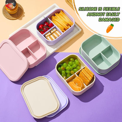 Layhit 4 Pcs Silicone Bento Box for Adults, 27 oz Bento Lunch Container Reusable 3 Compartment Lunchable Food Container for Women Men, Leak Proof Microwave Dishwasher Freezer Safe (Cool Colors)