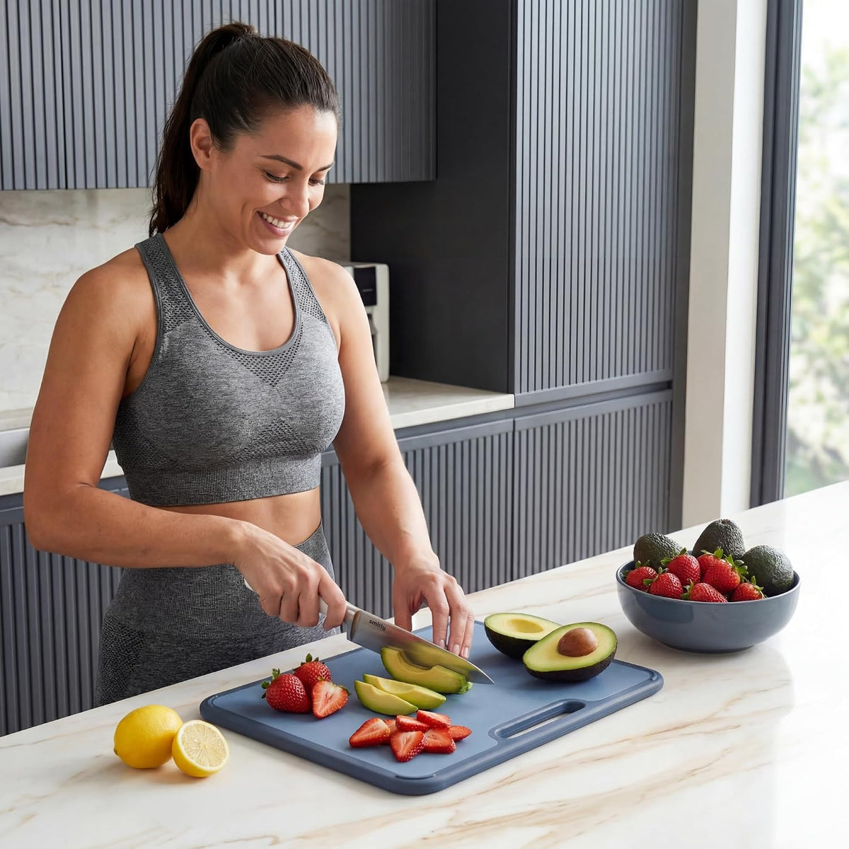 SMIRLY Plastic Cutting Board Set with Holder, Non-Slip Chopping Boards for Kitchen, Dishwasher Safe, Essential Kitchen Gadgets, 3 Pack, Green