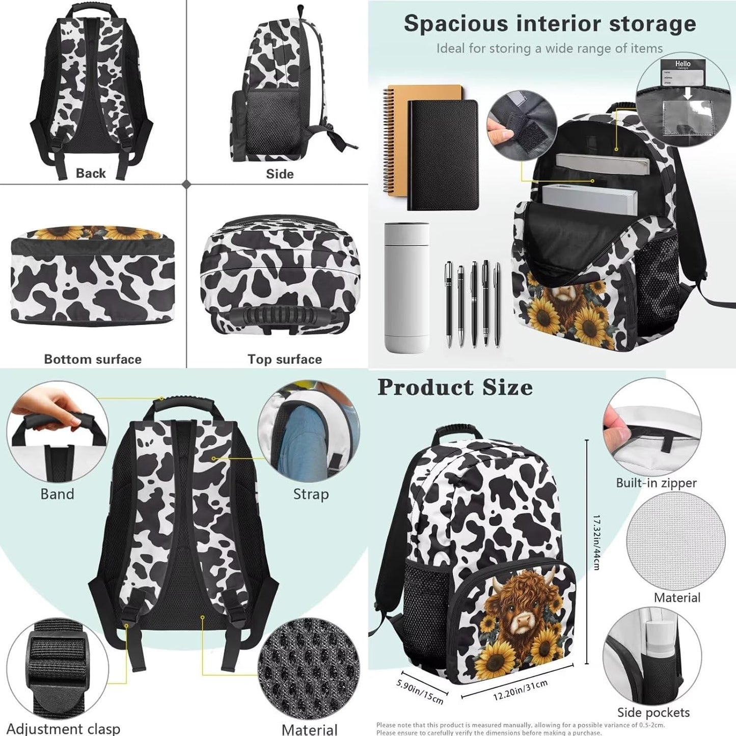 Highland Cow Backpack with Lunch Box Set for Kids Sunflower School Backpack for Girls Boys Back to School Bag Student Travel Backpacks Reusable Utensils Pen Case Water Bottle Bag 5PCS