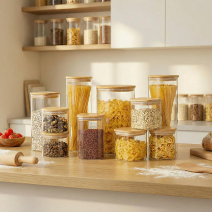 Extra Large Square Glass Flour & Sugar Storage Containers with Airtight Lids, 168 floz - 2 Pack Glass Jars with Bamboo Lids for Pantry, Air tight Food Storage Containers for Cereal, Pasta, Rice