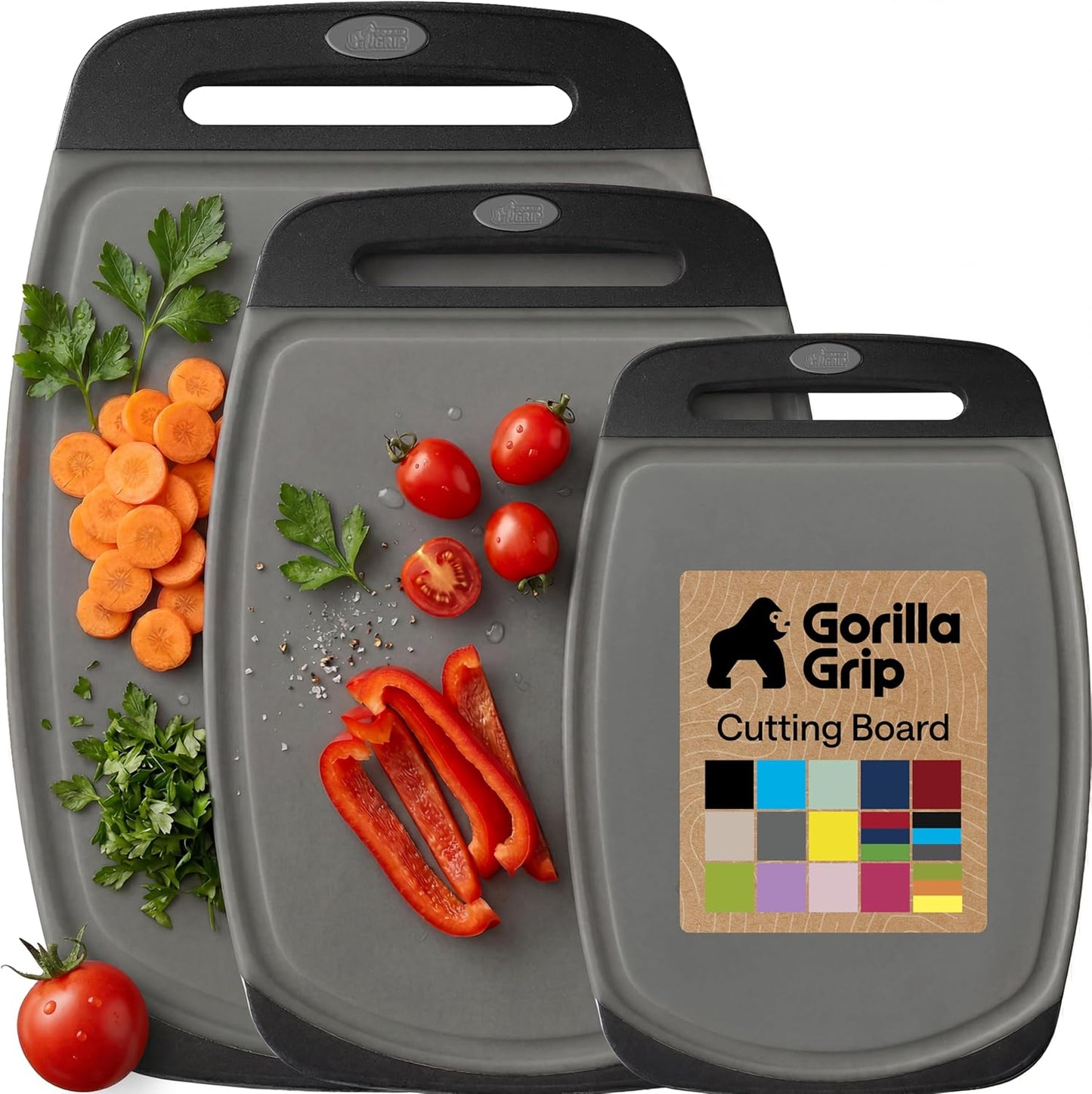 GORILLA GRIP BPA-Free Reversible Kitchen Cutting Board Set of 3, US Designed, Nonporous, Juice Grooves Catch Liquid, Slip Resistant Border, Dishwasher Safe, Durable Large Food Chopping Boards, Black