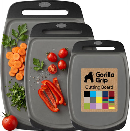 GORILLA GRIP BPA-Free Reversible Kitchen Cutting Board Set of 3, US Designed, Nonporous, Juice Grooves Catch Liquid, Slip Resistant Border, Dishwasher Safe, Durable Large Food Chopping Boards, Black