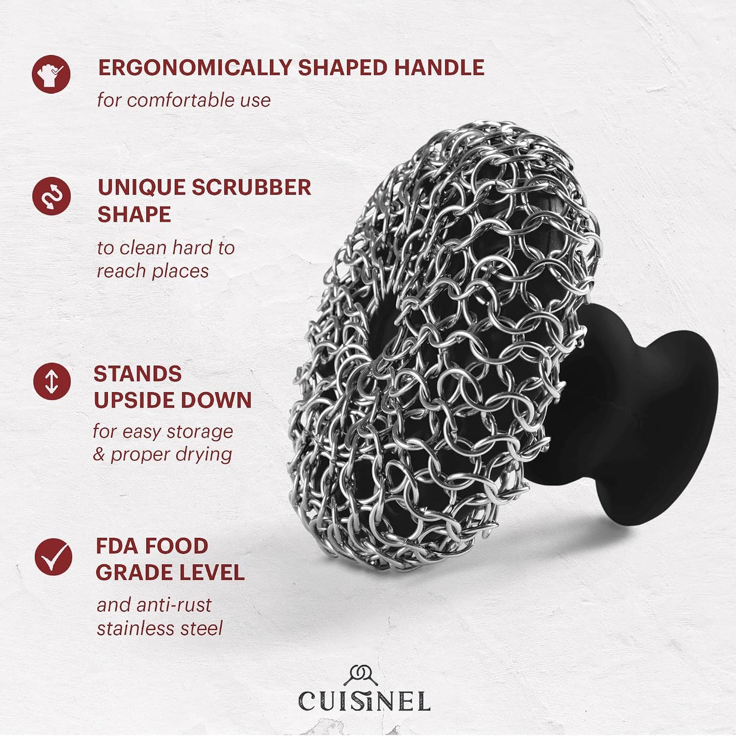Cuisinel Cast Iron Scrubber Cleaning Brush + Pan/Grill Scraper - Skillet and Grill Cleaner Kit - Soft-Touch Confident-Grip Dish Scrub Tool - Tough on Grease, Gentle on Metal and Non-Stick Cookware