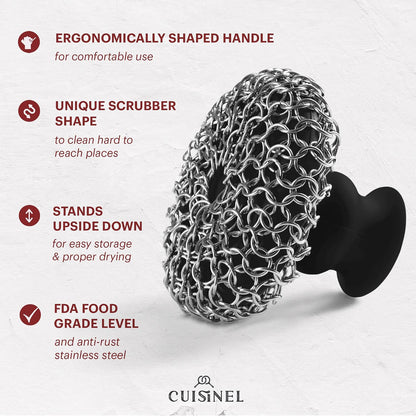 Cuisinel Cast Iron Scrubber Cleaning Brush + Pan/Grill Scraper - Skillet and Grill Cleaner Kit - Soft-Touch Confident-Grip Dish Scrub Tool - Tough on Grease, Gentle on Metal and Non-Stick Cookware