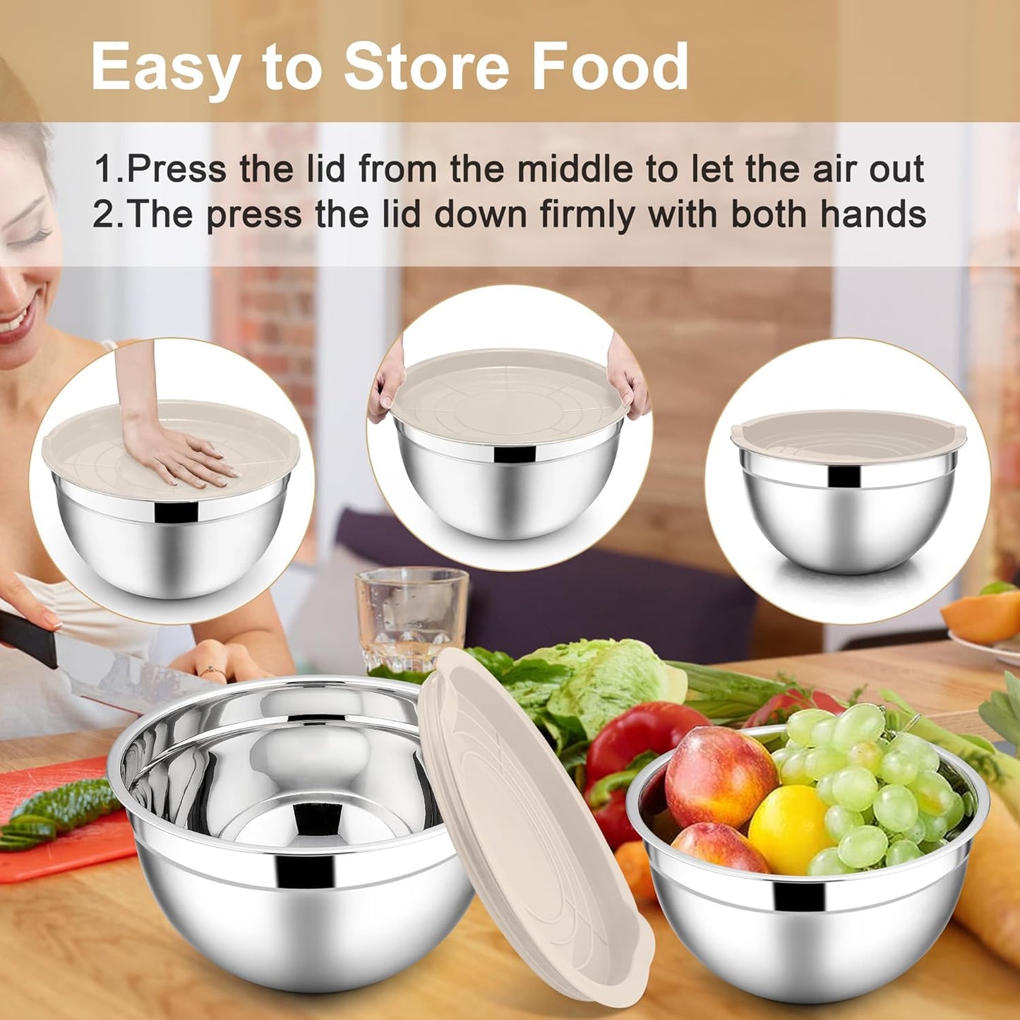 E-far Mixing Bowls With Lids Sets of 5, 10-Piece Stainless Steel Salad Metal Nesting Bowl for Baking Cooking and Prepping, Airtight Lid & Stackable Design, Size 4.6, 3, 2.1, 1.5, 0.7 QT, Black