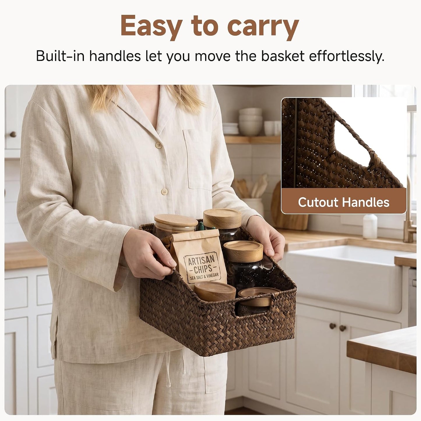 StorageWorks Water Hyacinth Pantry Storage Baskets, Wicker Baskets with Built-in Handles, Handwoven Shelf Baskets for Organizing, Pantry Organizers and Storage, 3 Pack