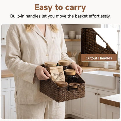 StorageWorks Water Hyacinth Pantry Storage Baskets, Wicker Baskets with Built-in Handles, Handwoven Shelf Baskets for Organizing, Pantry Organizers and Storage, 3 Pack