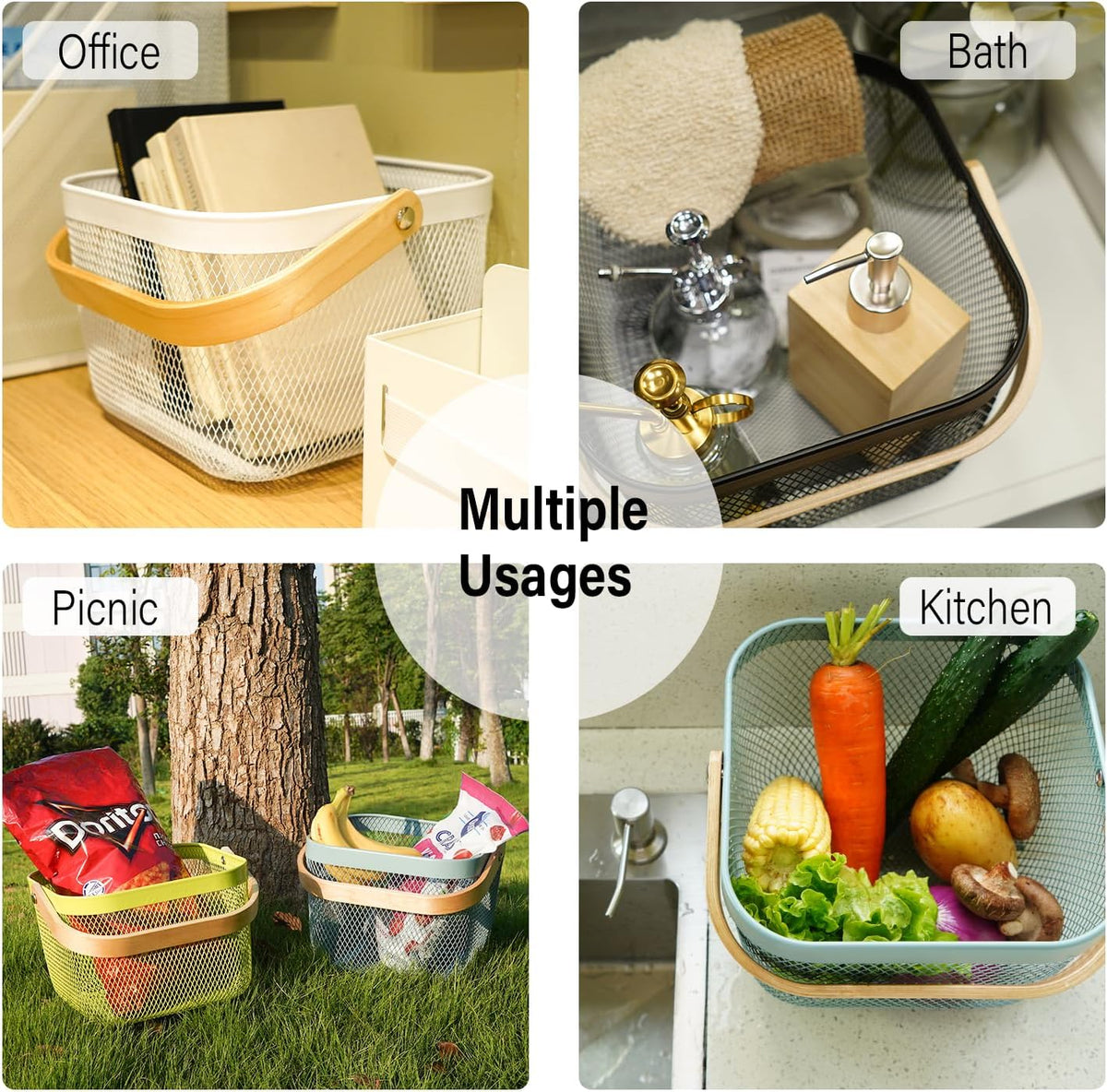 Metal Mesh Steel Harvest Basket, Rectangle Wire Garden Basket with Handle – Multi-functional Storage Organizer for Gathering Vegetables, Fruits, Kitchen, Garden, Picnic & Cabinet (Ivory)