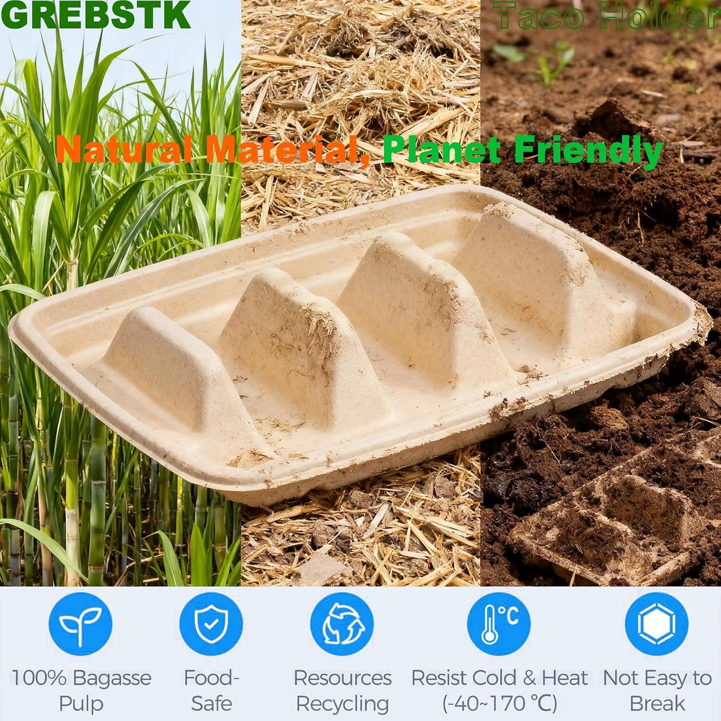 GREBSTK 30 Pack Disposable Taco Holders, Compostable Bagasse Pulp Taco Plates with 3 Dividers for Taco Tuesday Party, Lazy Susan Bar Serving Set for Tacos, Hot Dogs, Sandwiches