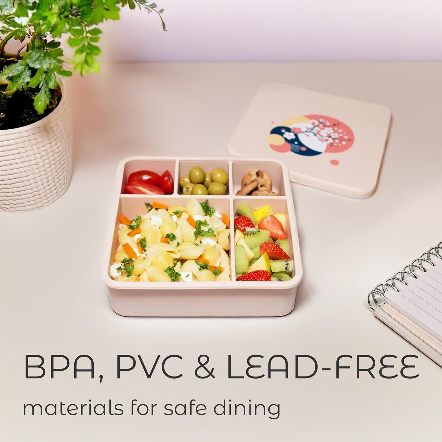ASOMIC Large Silicone Bento Box, 5 Compartments, Leakproof Lunch Container, BPA-Free, Microwave & Dishwasher Safe, For Work, School & Travel (Ivory)
