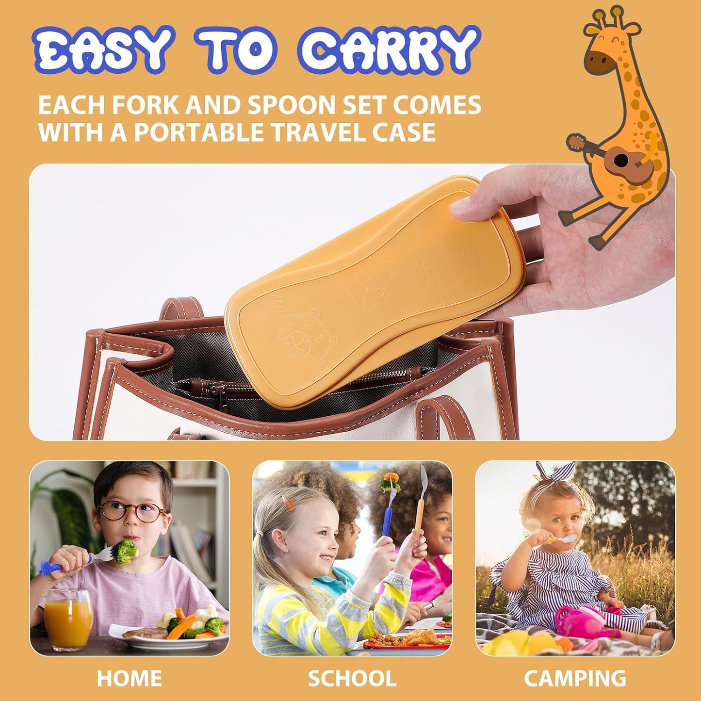 lohodo Toddler Utensils Kids Spoon and Fork Set 18/8 Stainless Steel Silverware BPA Free Pink & Purple Cute Giraffe Child Flatware with Travel Case for Age 3+