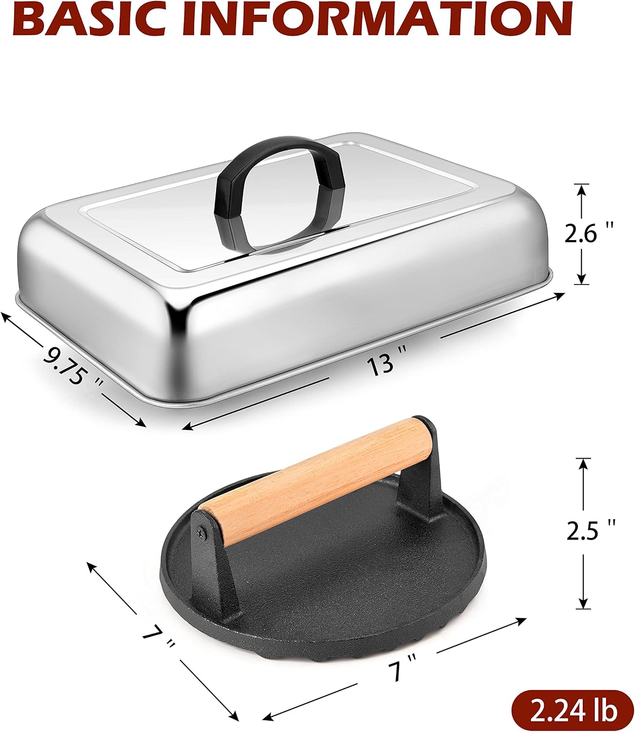 HaSteeL 13 x 9.75In Melting Dome & 8 x 4In Burger Press, Rectangular Basting Steam Cover with Bacon Press, Metal Griddle Accessories for Flat Top Teppanyaki Hibachi Grilling Cooking BBQ, Easy to Clean