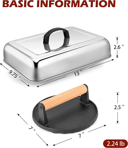 HaSteeL 13 x 9.75In Melting Dome & 8 x 4In Burger Press, Rectangular Basting Steam Cover with Bacon Press, Metal Griddle Accessories for Flat Top Teppanyaki Hibachi Grilling Cooking BBQ, Easy to Clean