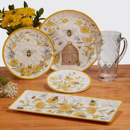 Bee Sweet 3-Piece Melamine Serveware Set – Includes 14.5" Chip & Dip, 14.5"x5.75" 3-Section Tray & 19"x8" Platter with Bee & Floral Designs for Spring Entertaining & Outdoor Dining