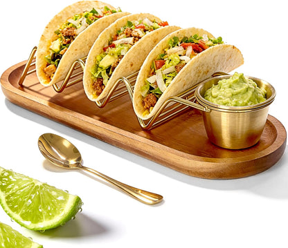 Wood Taco Serving Tray Set with Stainless Steel Taco Holder (Holds 3 Tacos), Sauce Cup & Spoon, Taco Plate for Kitchen, Taco Night, Parties and Family Dinners