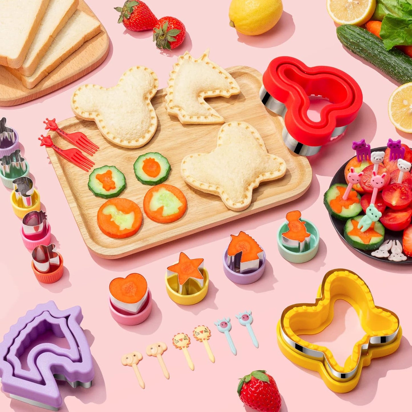 20Pcs Sandwich Cutter and Sealer Set for Kids, Decruster Maker Holiday Heart Cookie Cutters Fruit Vegetable Shapes Boys & Girls Bento Lunch Box with Mickey Mouse Dinosaur Star, etc