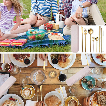 AARAINBOW 8 Pieces Stainless Steel Flatware Set Portable Reusable Cutlery Set Travel Utensils Set Including Chopsticks Knife Fork Spoon Straws Cleaning Brush Dishwasher Safe (Pink Golden)