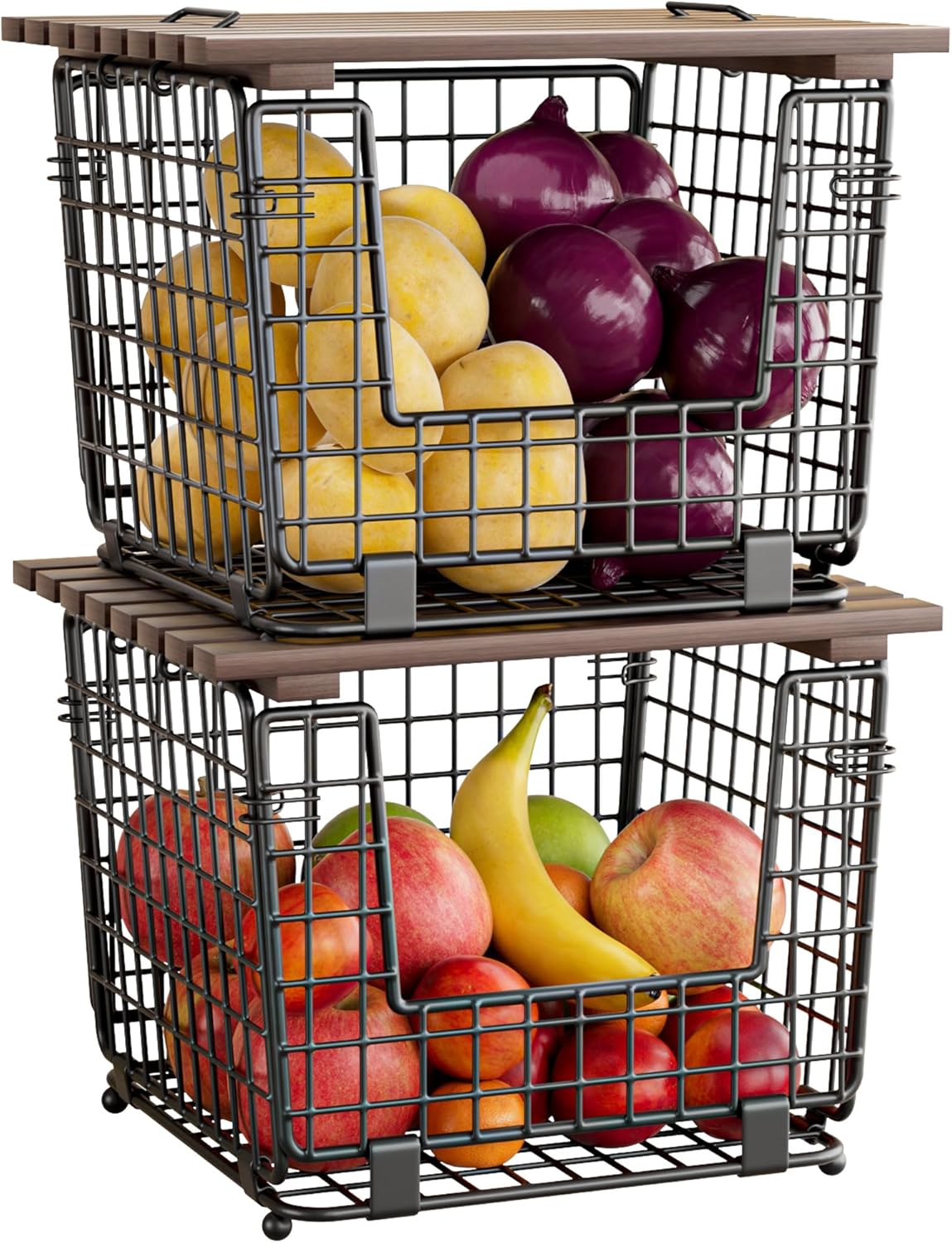 Wire Storage Basket for Kitchen Pantry: GGIU Stackable Kitchen Counter Organizers - Wire Organizing Bin for Produce Fruit Vegetable Potato and Onion Black