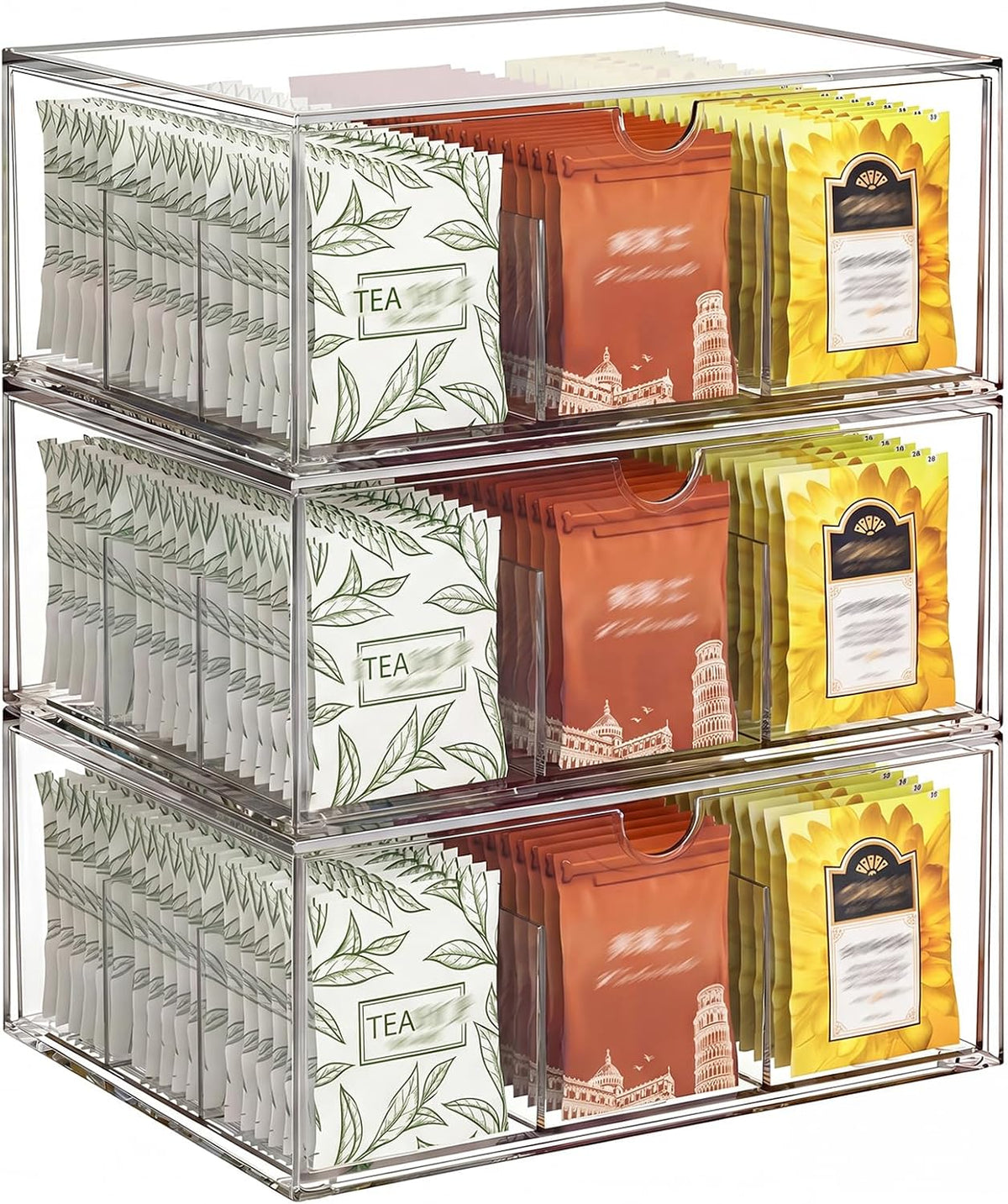 2 Pack Clear Tea Bag Organizer, Stackable Drawer Organizer with Dividers for Pantry Bathroom Vanity Kitchen - Cabinet Countertop Shelf Plastic Storage Bins for Coffee/Makeup/Cosmetic/Crafts/Jewelry