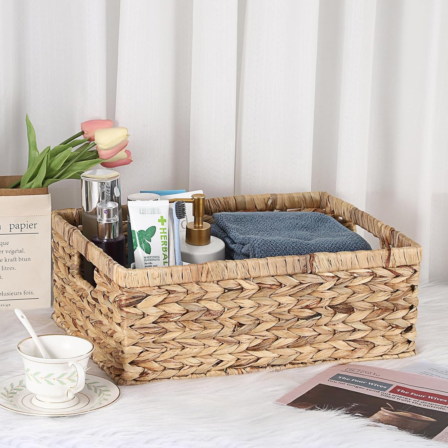 Hipiwe Wicker Basket Water Hyacinth Baskets Rectangular Decorative Baskets Bin for Shelf Organizing, Handwoven Storage Basket Bins with Built-in Handles,15.9"x12"x5.9"