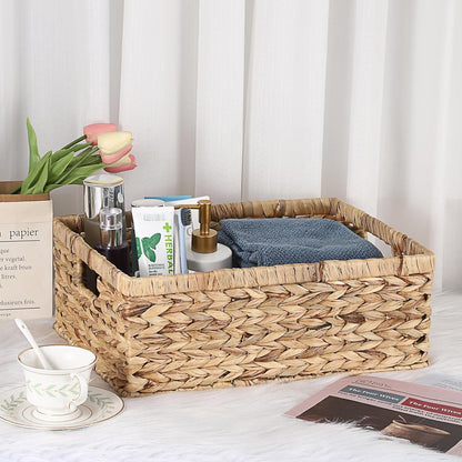 Hipiwe Wicker Basket Water Hyacinth Baskets Rectangular Decorative Baskets Bin for Shelf Organizing, Handwoven Storage Basket Bins with Built-in Handles,15.9"x12"x5.9"