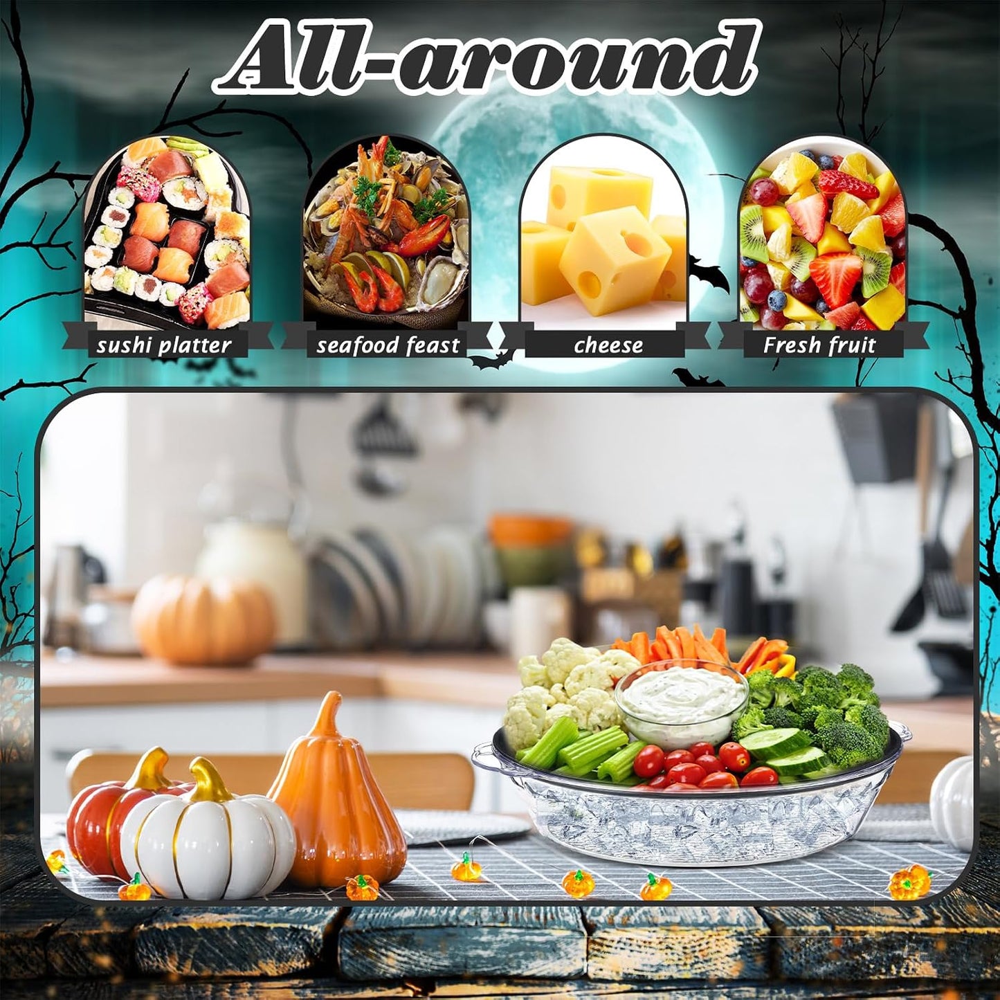 Baderke 3 Set 11.8" Chilled Serving Tray for Parties with Compartments Ice Chilled Party Platter Charcuterie Serving Board Cold Dish Dip for Fruit Seafood Vegetable Shrimp Cocktail (Natural)