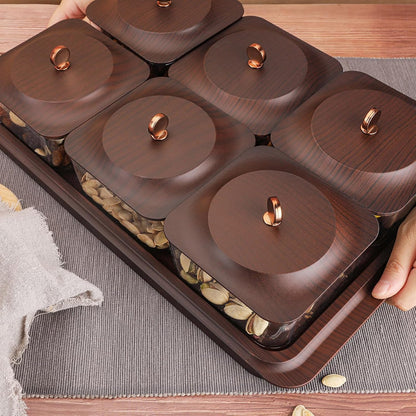 Serving Set: Plastic Imitated Wood Serving Tray & 4 Snack Boxes with Lid, Ideal for Home, Party & Birthday