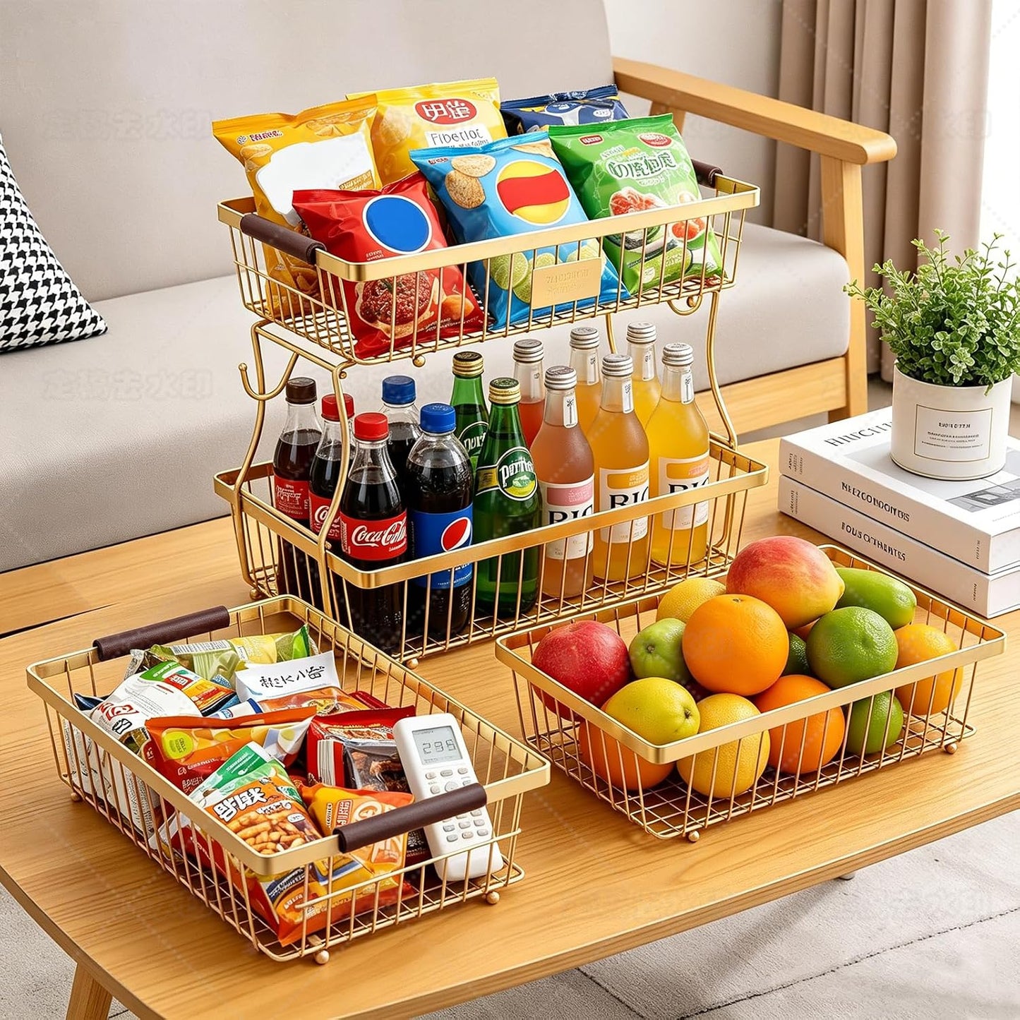 2-Tier Stackable Wire Basket with 2 Banana Hooks, Pantry Organizer for Kitchen Countertops, Cabinets & Under-Sink Spaces; Ideal for Storing Snacks, Fruits, Veggies, Onions, Potatoes, & More,Black