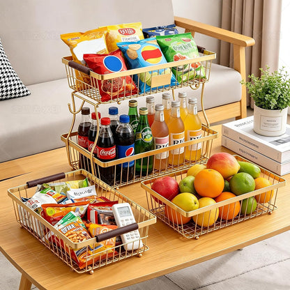 2-Tier Stackable Wire Basket with 2 Banana Hooks, Pantry Organizer for Kitchen Countertops, Cabinets & Under-Sink Spaces; Ideal for Storing Snacks, Fruits, Veggies, Onions, Potatoes, & More,Black