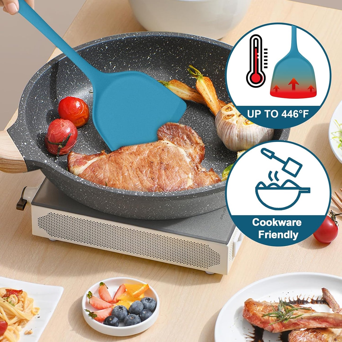 TeamFar Silicone Cooking Utensils Set, 5-Piece Heat Resistant Kitchen Utensils Set, Nonstick Slotted Solid Spoon Turner Pasta Server for Frying, Serving, Mixing, Non-Toxic & Dishwasher Safe, Black