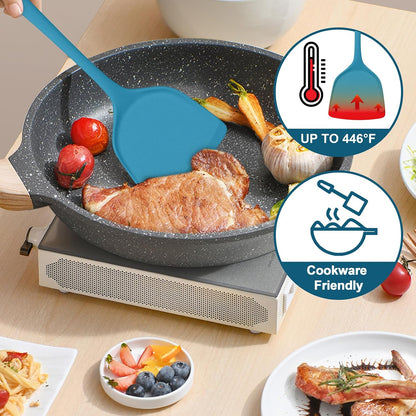 TeamFar Silicone Cooking Utensils Set, 5-Piece Heat Resistant Kitchen Utensils Set, Nonstick Slotted Solid Spoon Turner Pasta Server for Frying, Serving, Mixing, Non-Toxic & Dishwasher Safe, Black