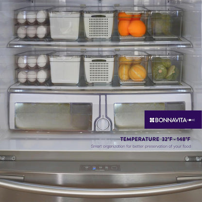 Clear Stackable Storage Containers with Lids BPA-Free Organizer Bins for Refrigerator Pantry Fridge Drawer with Colander and Dividers for Kitchen Food Preservation and Home Organization BPA Free