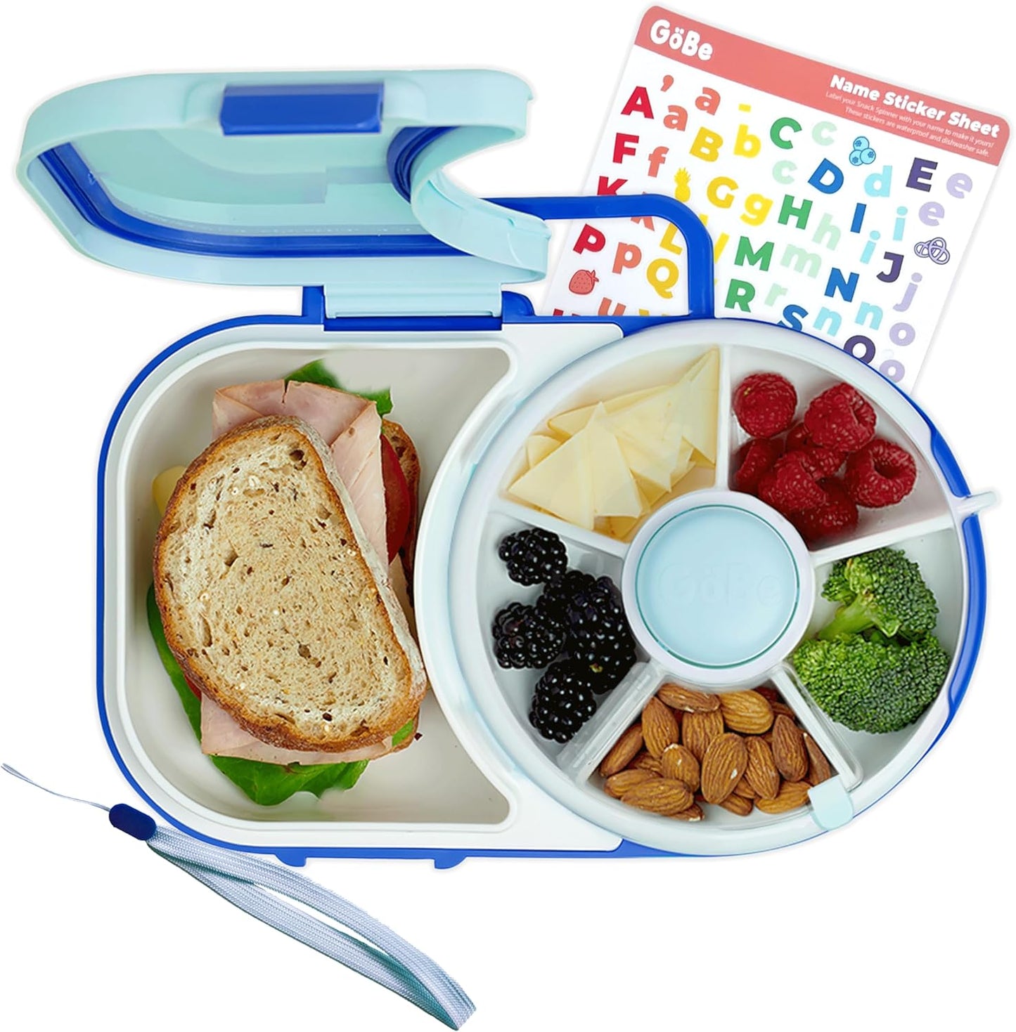 GoBe Kids Lunchbox with Small Snack Spinner Flip - Bundle with Hand Strap & Sticker Sheet, 2-in-1 Bento Style Lunch Container, 5 Small +1 Large Sandwich Compartment, BPA & PVC Free- Macaron Blue