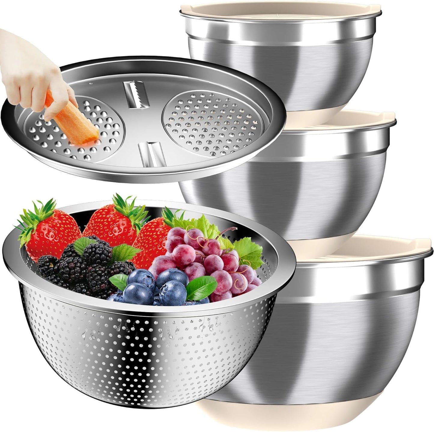 Nicdiet Mixing Bowls with Airtight Lids, Stainless Steel Mixing Bowl Set with 3 Metal Nesting Bowls, Colander & Grater, Non-Slip Bottoms, Size 1.5, 2.5, 5 QT, Great for Mixing & Serving, Khaki