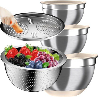 Nicdiet Mixing Bowls with Airtight Lids, Stainless Steel Mixing Bowl Set with 3 Metal Nesting Bowls, Colander & Grater, Non-Slip Bottoms, Size 1.5, 2.5, 5 QT, Great for Mixing & Serving, Khaki