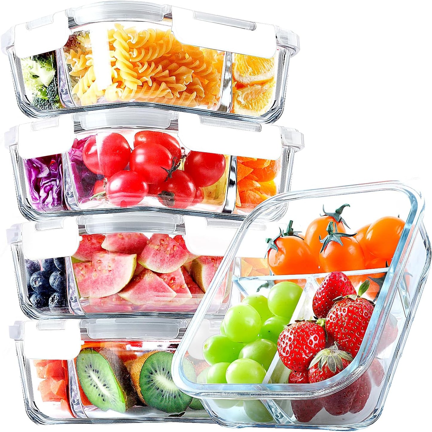 VERONES 5 Pack Glass Meal Prep Containers 3 Compartment Set, 36OZ Airtight Glass Lunch Containers, Glass Food Storage Containers with Lids, for Microwave, Oven, Freezer & Dishwasher Friendly,Green