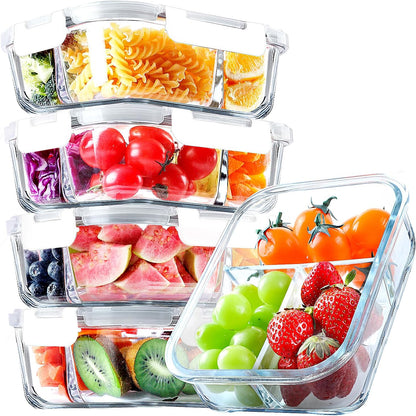 VERONES 5 Pack Glass Meal Prep Containers 3 Compartment Set, 36OZ Airtight Glass Lunch Containers, Glass Food Storage Containers with Lids, for Microwave, Oven, Freezer & Dishwasher Friendly,Green