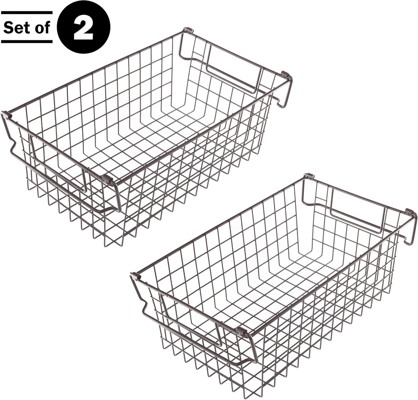 Home-Complete 2 pcs Medium Stackable Wire Baskets, 16"x12" Organizer Stacking Storage Bins for Shelf, Pantry, Kitchen, Cabinets, can also be used in Chest Freezers (Brown)