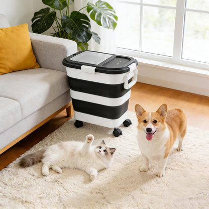 Dog Food Storage Container 20-25lbs, Airtight Pet Food Bin with Locking Lid & Clear Window, Collapsible Rolling Storage Container with Wheels and Scoop, Black
