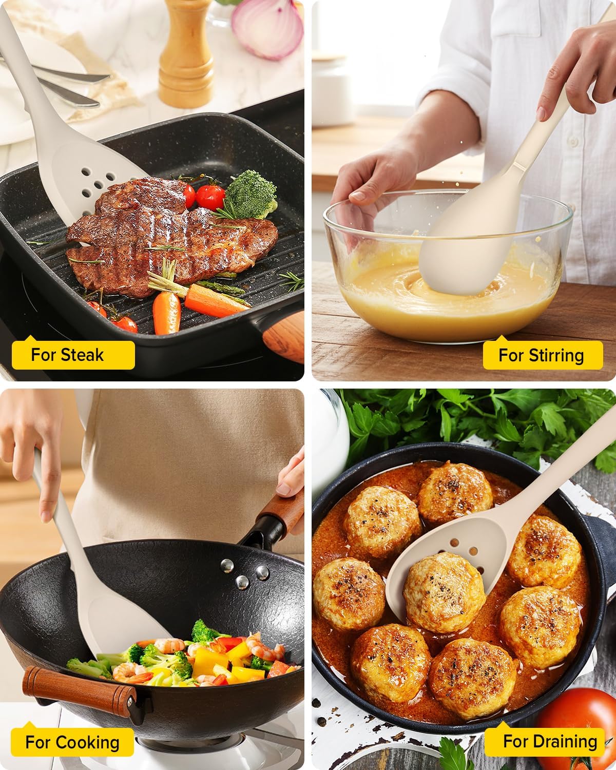 Silicone Cooking Utensils Set, 9 Pcs Heat Resistant Kitchen Utensils with Back Hooks, BPA Free Kitchen Tools with Spatulas, Spoons, Skimmer and Pasta Fork for Non Stick Cookware(KHAKI)