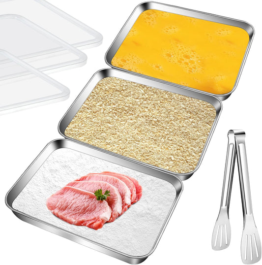 3 Set Stainless Steel Breading Trays Set with Lids, Dust Proof Breading Pans with Tong for Dredging Chicken Breasts，Marinating Meat, Food Prep Trays Oven & Dishwasher Safe