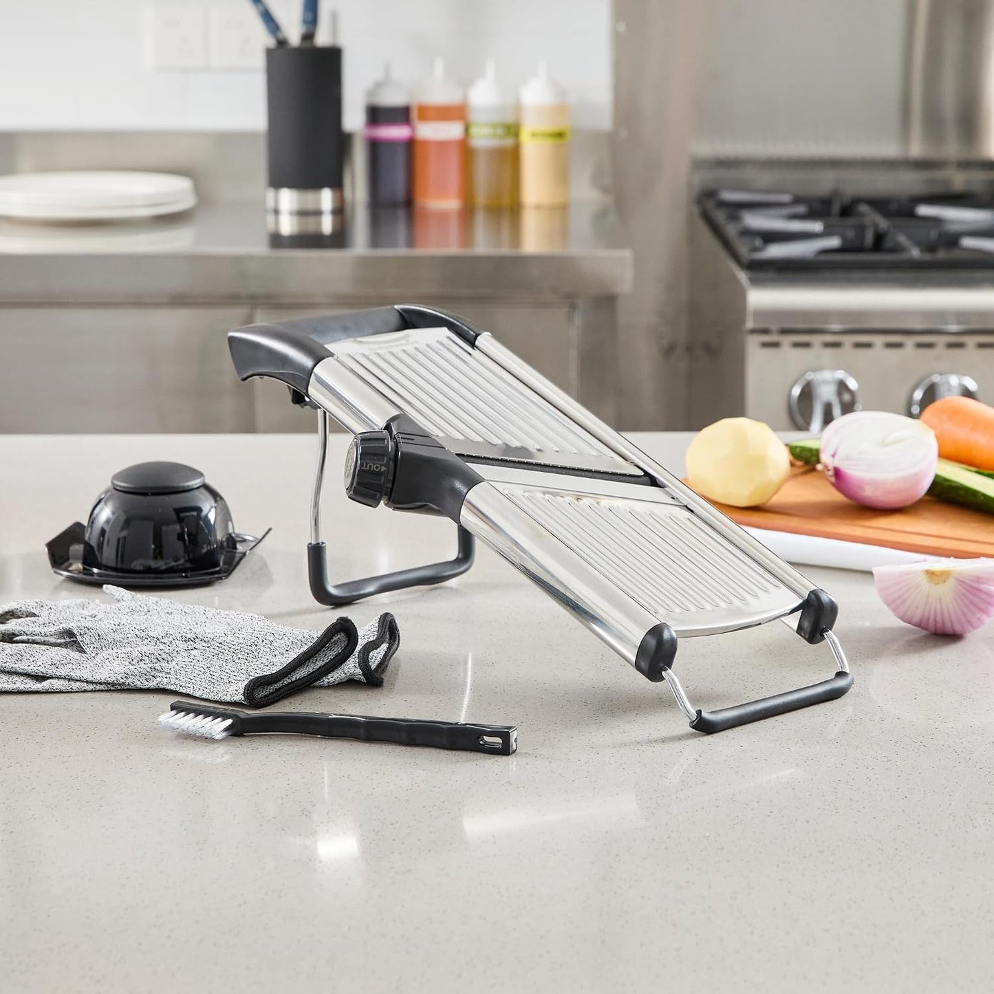 Restaurantware Stainless Steel Adjustable Mandoline Slicer - German Standard Vegetable Slicer with Blade Guard, Includes Cut-Resistant Gloves - Food Slicer for Potato, Onions, Cucumbers, Tomato