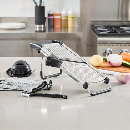 Restaurantware Stainless Steel Adjustable Mandoline Slicer - German Standard Vegetable Slicer with Blade Guard, Includes Cut-Resistant Gloves - Food Slicer for Potato, Onions, Cucumbers, Tomato
