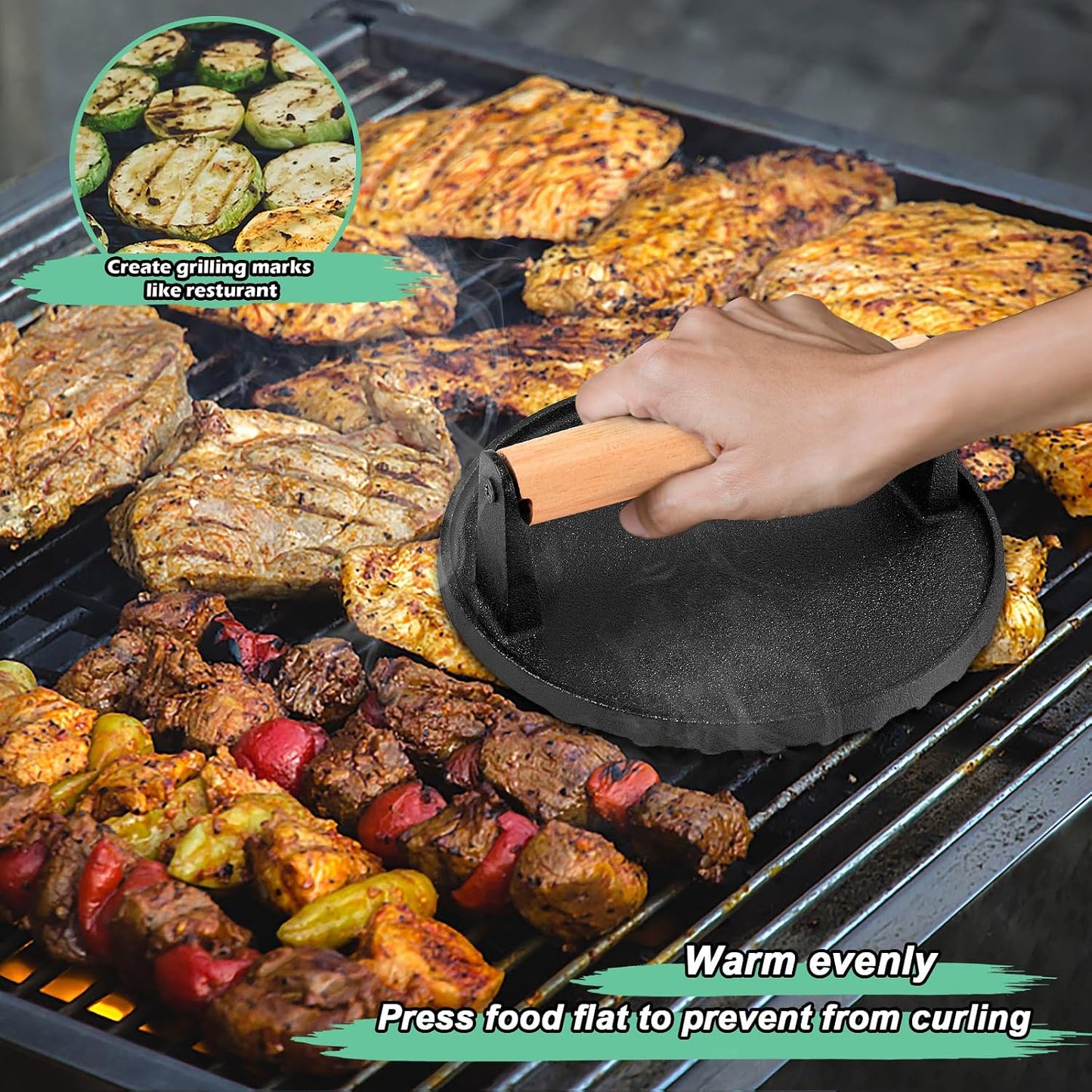HaSteeL 9x7in Melting Dome & 8x4in Grill Press, Rectangular Basting Steaming Cover & Cast Iron Burger Bacon Press, Heavy Duty Griddle Tools Accessories for Flat Top Grilling Barbecue, Indoor & Outdoor
